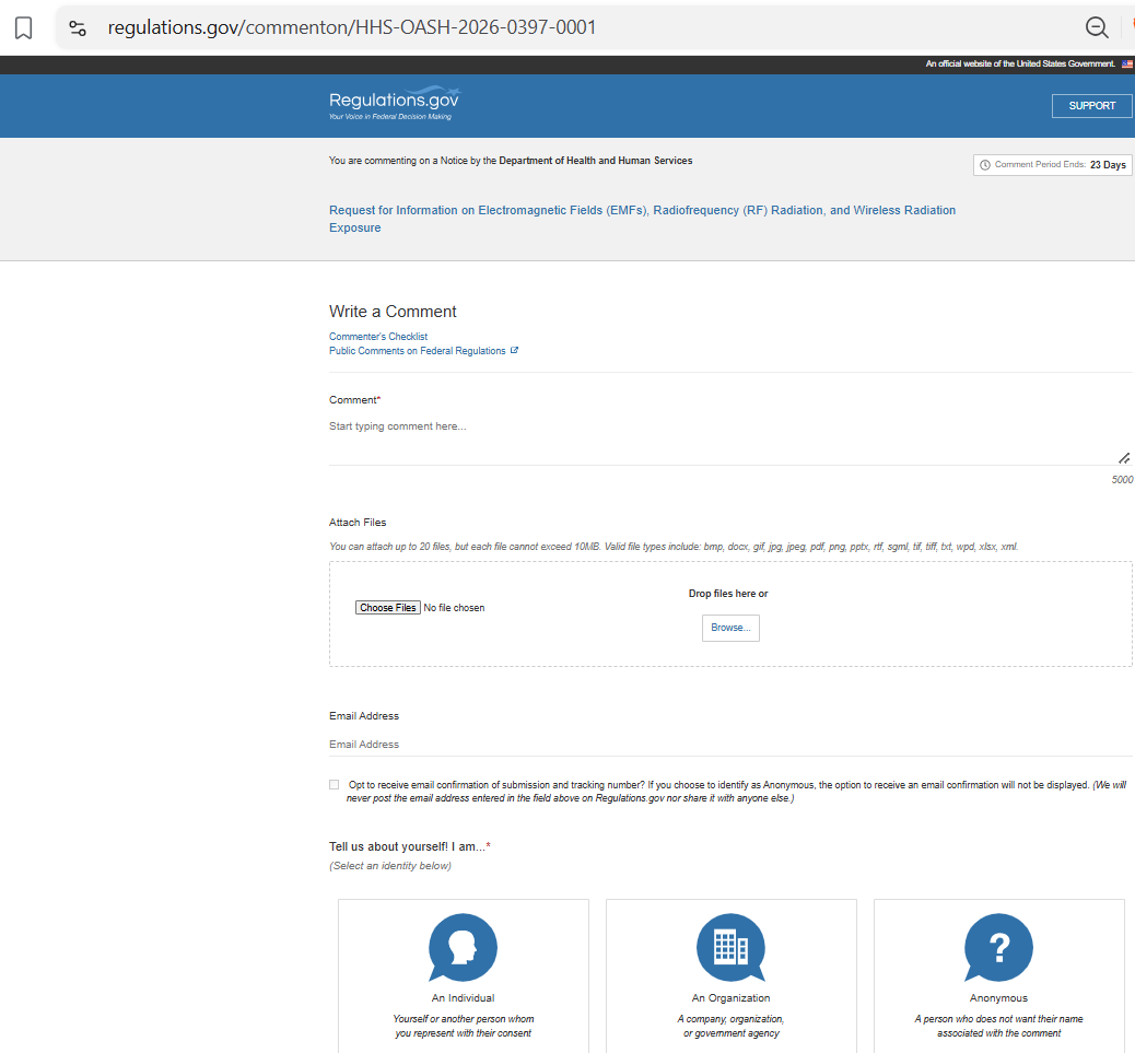 Regulations.gov HHS comment form showing Comment, Attach Files, Email Address, and Individual, Organization or Anonymous identity options.