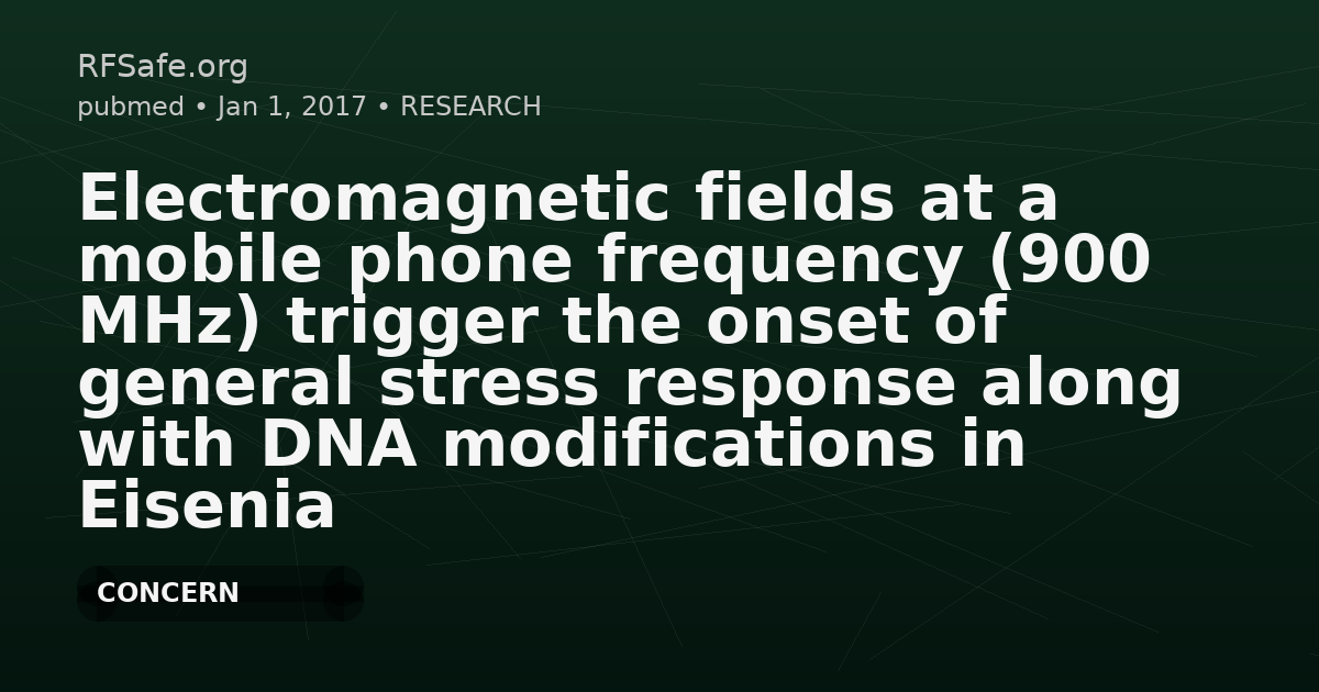 Electromagnetic fields at a mobile phone frequency (900 MHz) trigger the onset of general stress response along with DNA modifications in Eisenia fetida earthworms.