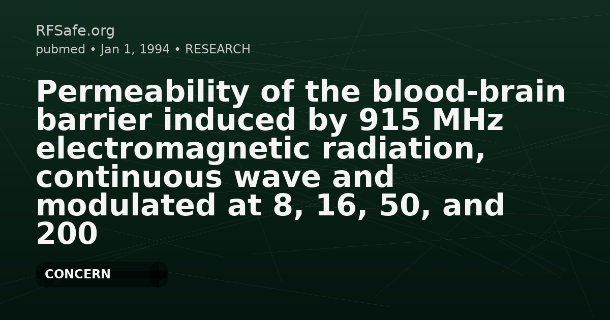 Permeability of the blood-brain barrier induced by 915 MHz electromagnetic radiation, continuous wave and modulated at 8, 16, 50, and 200 Hz.